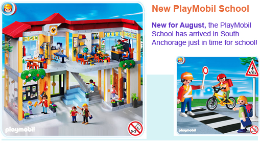  PlayMobil School - New for August, the PlayMobil School just arrived in South Anchorage, just in time for school! Come get the Furnished School Building, the Gym, the School Band, the Crossing Guard, and the Cafeteria at Over the Rainbow! 