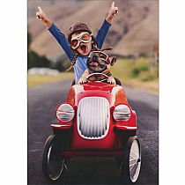 KID AND DOG IN GO CART CARD